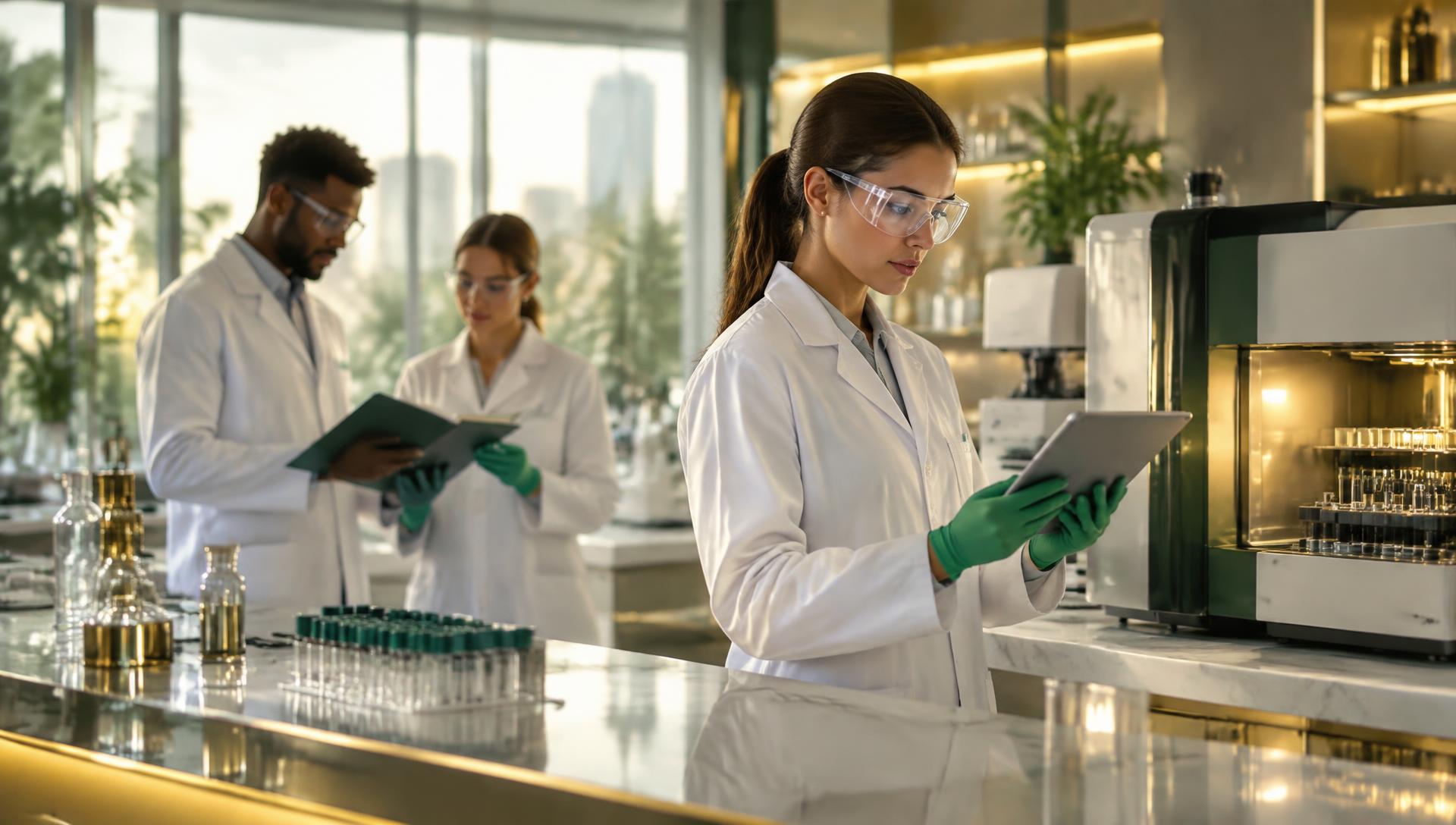 Scientists reviewing documentation in a modern quality assurance laboratory